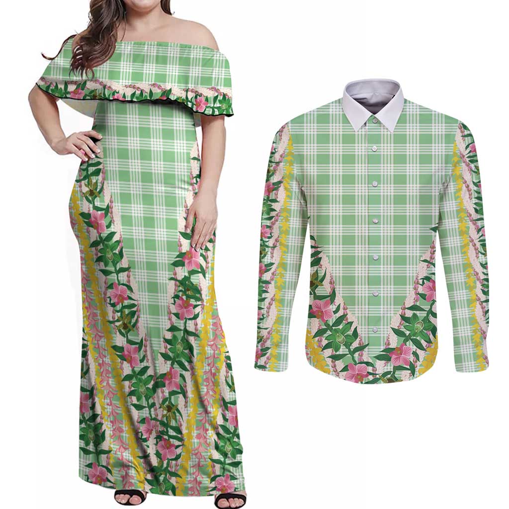 Hawaii Pikake Lokelani Plumeria Lei Couples Matching Off Shoulder Maxi Dress and Long Sleeve Button Shirt Green Palaka Motifs LT05 Green - Polynesian Pride