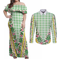 Hawaii Pikake Lokelani Plumeria Lei Couples Matching Off Shoulder Maxi Dress and Long Sleeve Button Shirt Green Palaka Motifs LT05 Green - Polynesian Pride