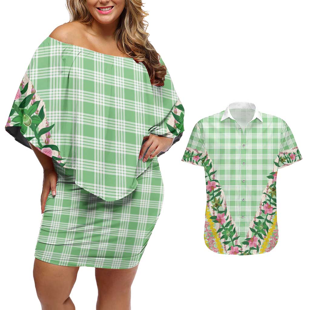 Hawaii Pikake Lokelani Plumeria Lei Couples Matching Off Shoulder Short Dress and Hawaiian Shirt Green Palaka Motifs