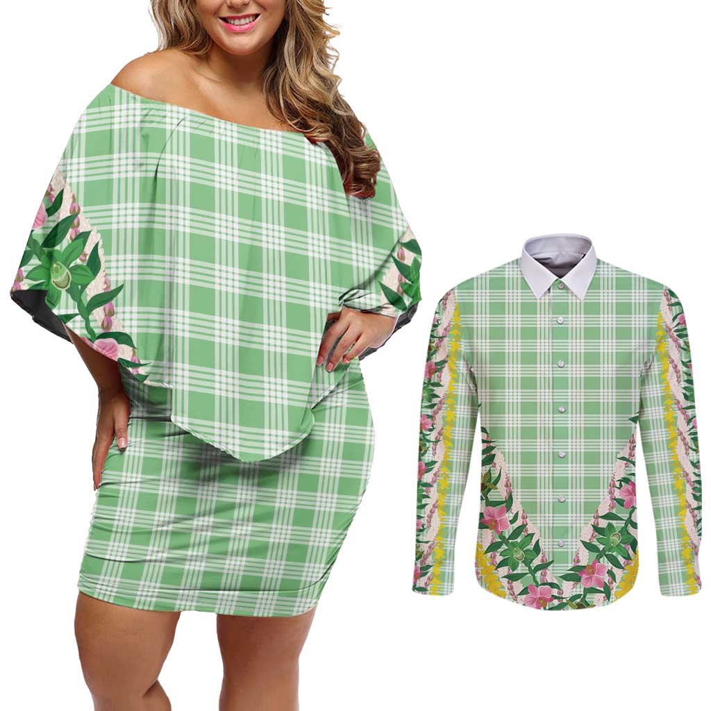 Hawaii Pikake Lokelani Plumeria Lei Couples Matching Off Shoulder Short Dress and Long Sleeve Button Shirt Green Palaka Motifs LT05 Green - Polynesian Pride
