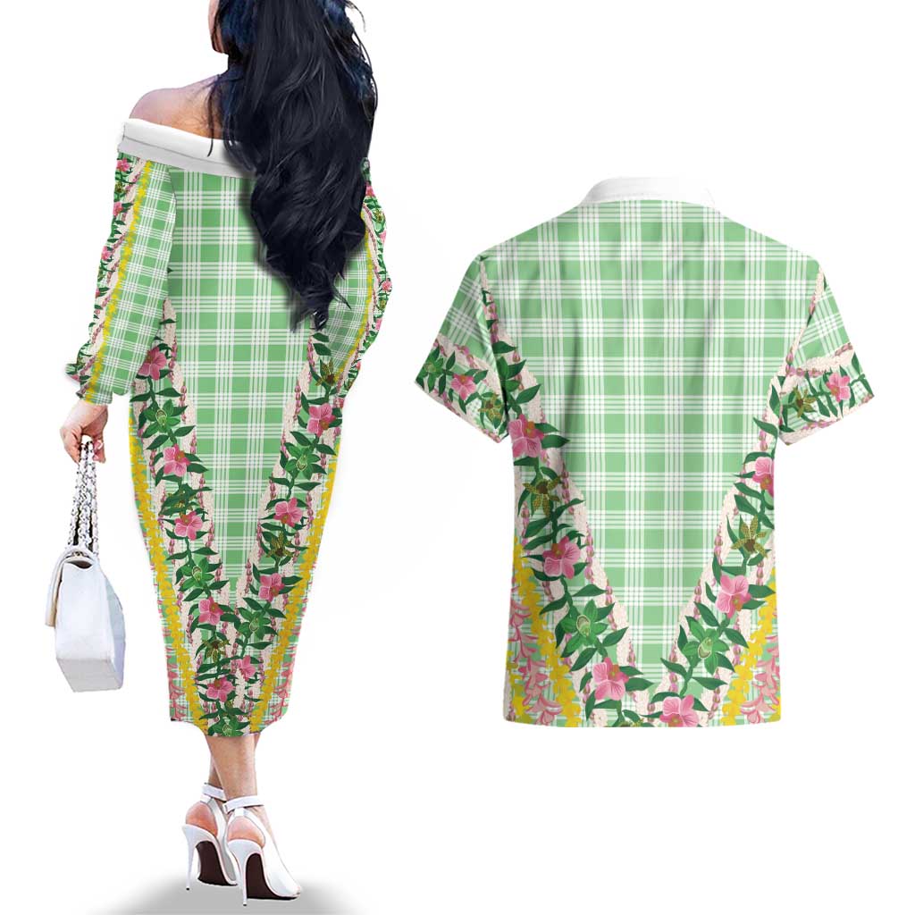 Hawaii Pikake Lokelani Plumeria Lei Couples Matching Off The Shoulder Long Sleeve Dress and Hawaiian Shirt Green Palaka Motifs LT05 - Polynesian Pride
