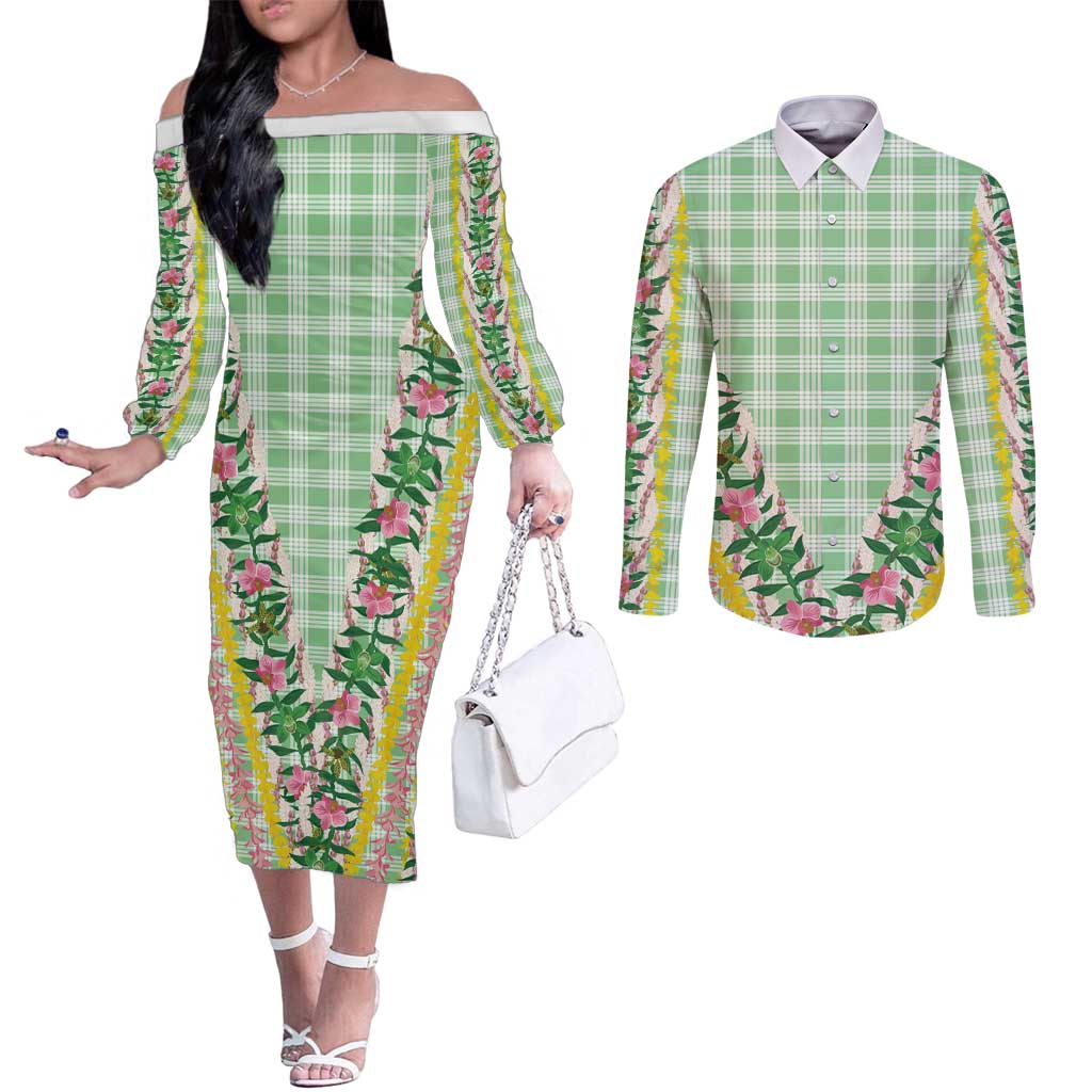 Hawaii Pikake Lokelani Plumeria Lei Couples Matching Off The Shoulder Long Sleeve Dress and Long Sleeve Button Shirt Green Palaka Motifs