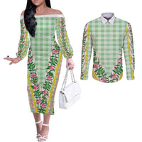 Hawaii Pikake Lokelani Plumeria Lei Couples Matching Off The Shoulder Long Sleeve Dress and Long Sleeve Button Shirt Green Palaka Motifs LT05 Green - Polynesian Pride