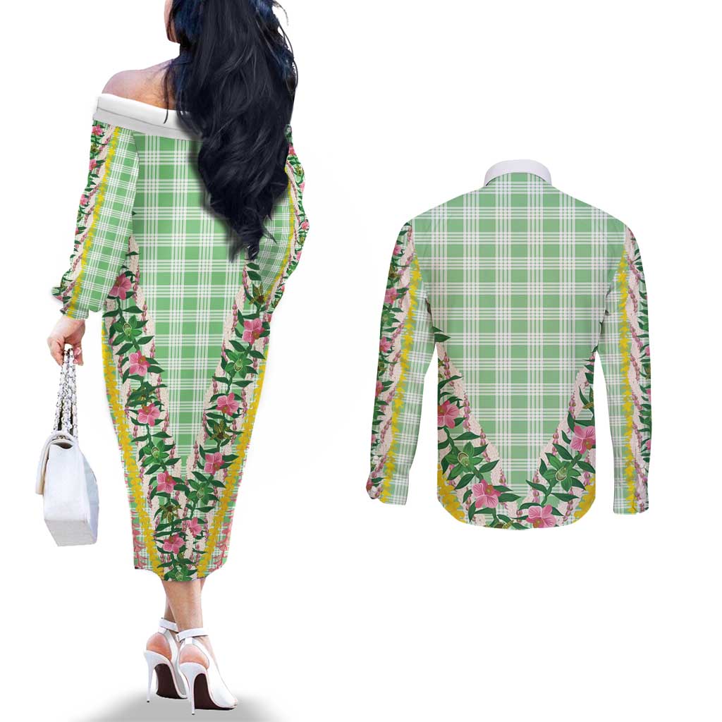 Hawaii Pikake Lokelani Plumeria Lei Couples Matching Off The Shoulder Long Sleeve Dress and Long Sleeve Button Shirt Green Palaka Motifs LT05 - Polynesian Pride