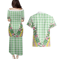 Hawaii Pikake Lokelani Plumeria Lei Couples Matching Puletasi and Hawaiian Shirt Green Palaka Motifs LT05 - Polynesian Pride