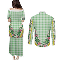 Hawaii Pikake Lokelani Plumeria Lei Couples Matching Puletasi and Long Sleeve Button Shirt Green Palaka Motifs