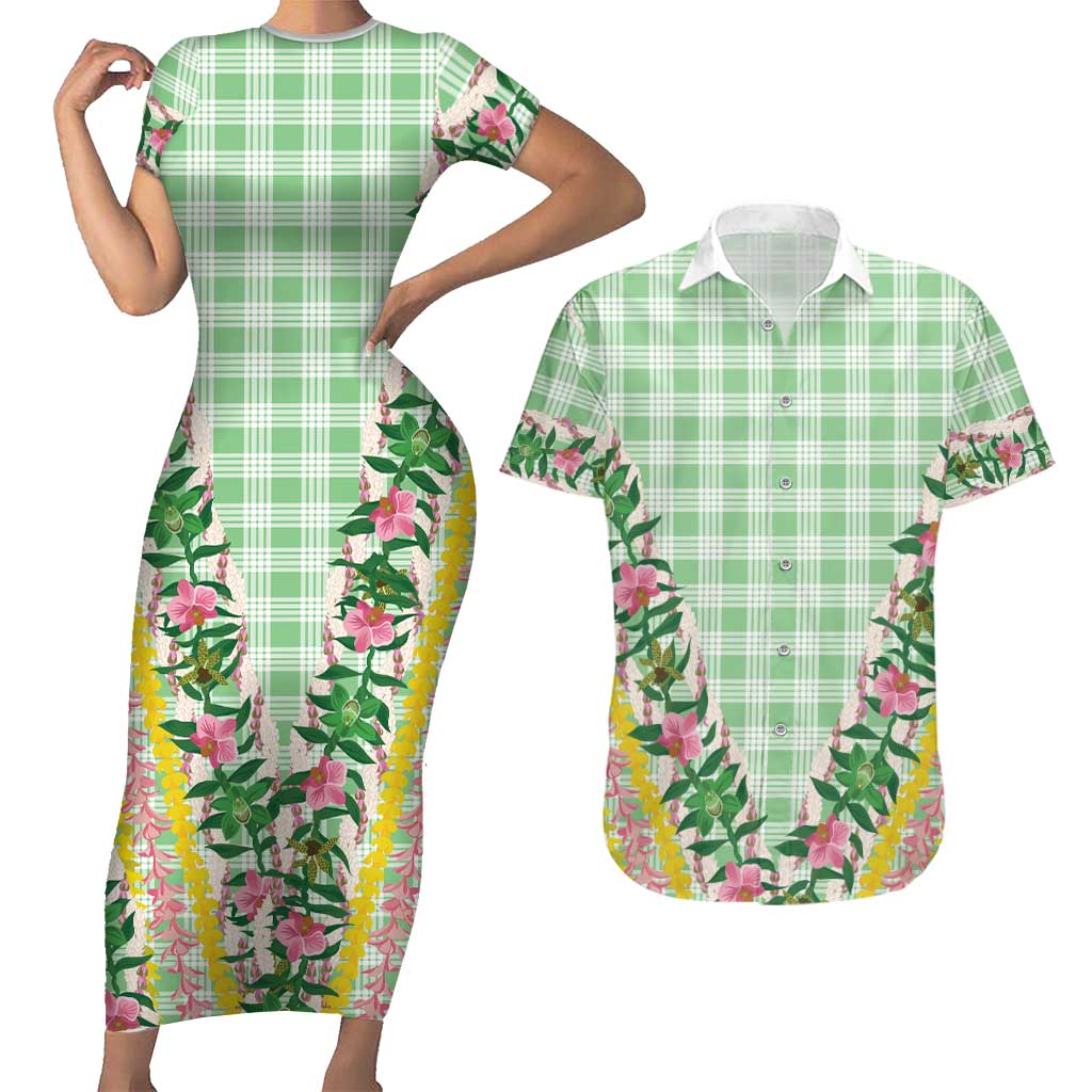 Hawaii Pikake Lokelani Plumeria Lei Couples Matching Short Sleeve Bodycon Dress and Hawaiian Shirt Green Palaka Motifs LT05 Green - Polynesian Pride