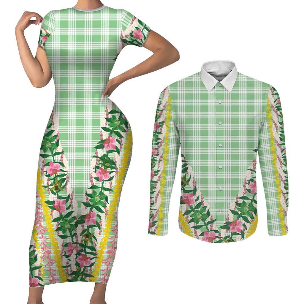 Hawaii Pikake Lokelani Plumeria Lei Couples Matching Short Sleeve Bodycon Dress and Long Sleeve Button Shirt Green Palaka Motifs