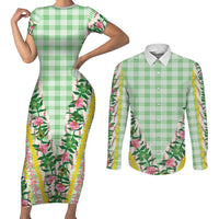 Hawaii Pikake Lokelani Plumeria Lei Couples Matching Short Sleeve Bodycon Dress and Long Sleeve Button Shirt Green Palaka Motifs LT05 Green - Polynesian Pride
