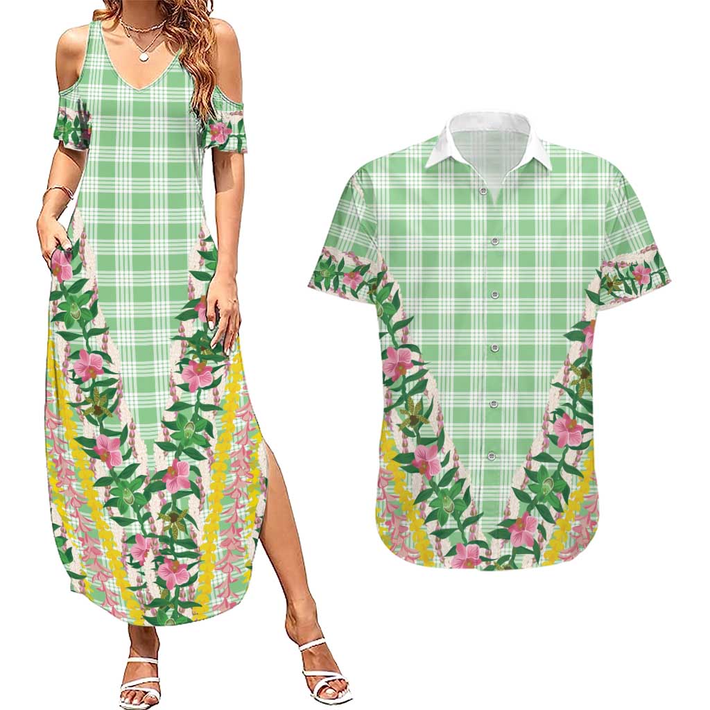 Hawaii Pikake Lokelani Plumeria Lei Couples Matching Summer Maxi Dress and Hawaiian Shirt Green Palaka Motifs LT05 Green - Polynesian Pride