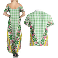 Hawaii Pikake Lokelani Plumeria Lei Couples Matching Summer Maxi Dress and Hawaiian Shirt Green Palaka Motifs LT05 - Polynesian Pride