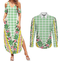 Hawaii Pikake Lokelani Plumeria Lei Couples Matching Summer Maxi Dress and Long Sleeve Button Shirt Green Palaka Motifs LT05 Green - Polynesian Pride