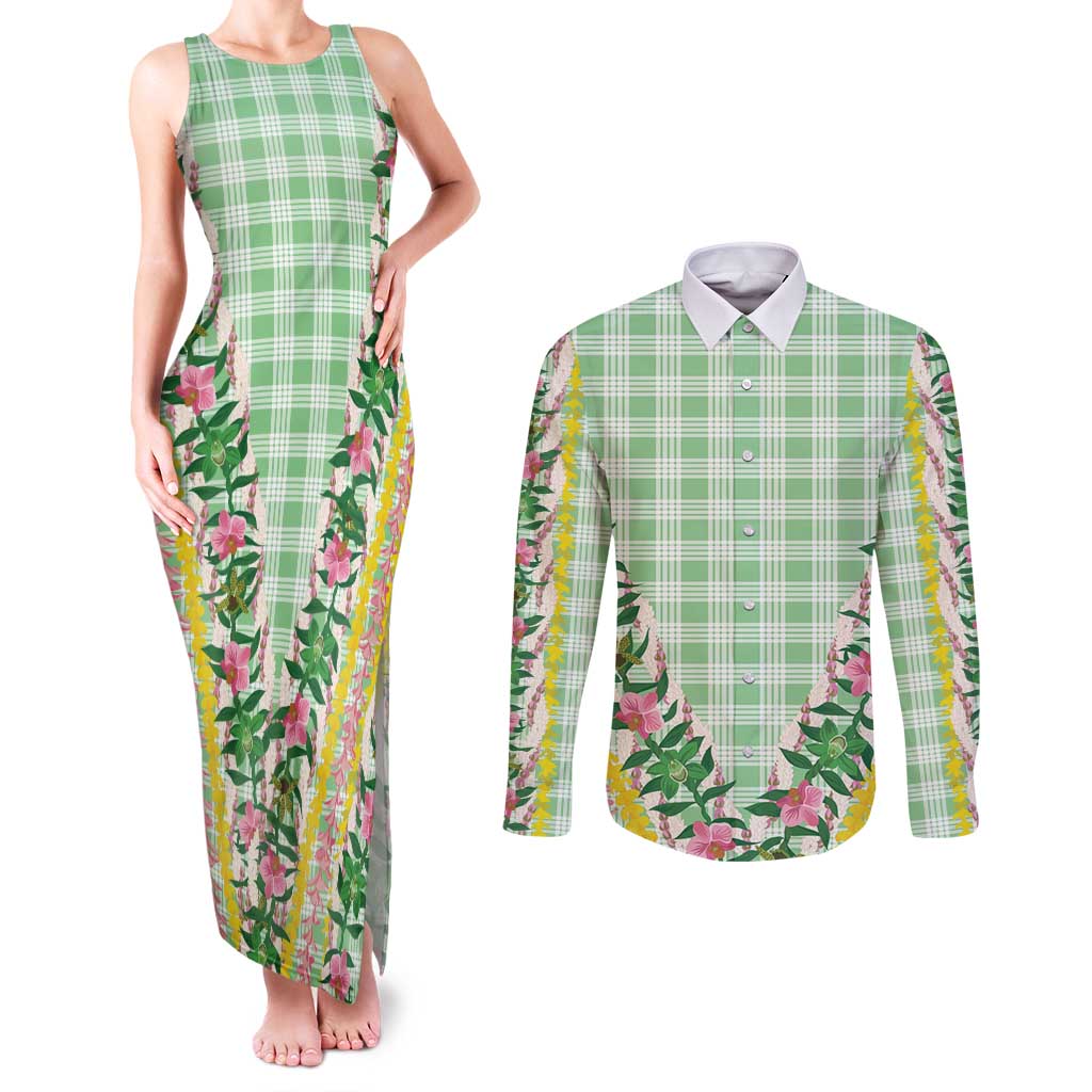 Hawaii Pikake Lokelani Plumeria Lei Couples Matching Tank Maxi Dress and Long Sleeve Button Shirt Green Palaka Motifs LT05 Green - Polynesian Pride