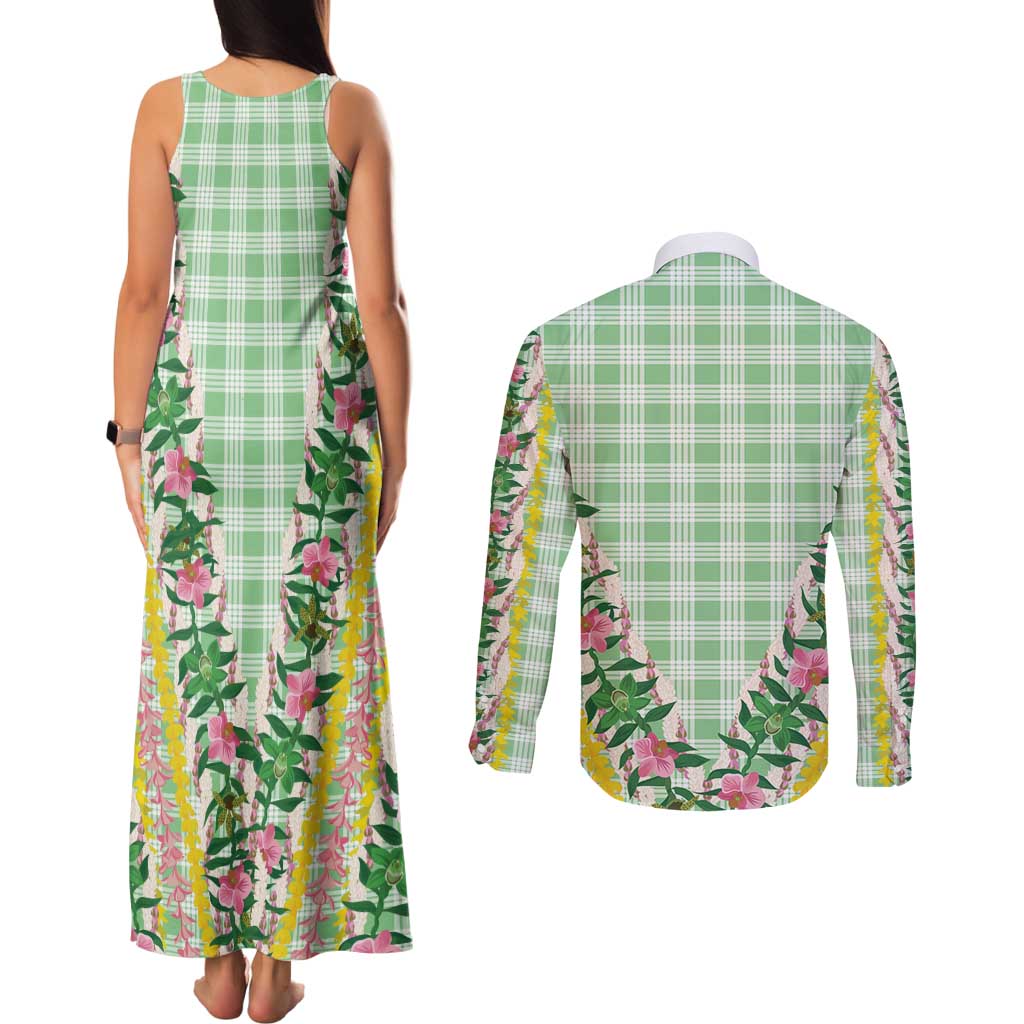 Hawaii Pikake Lokelani Plumeria Lei Couples Matching Tank Maxi Dress and Long Sleeve Button Shirt Green Palaka Motifs LT05 - Polynesian Pride