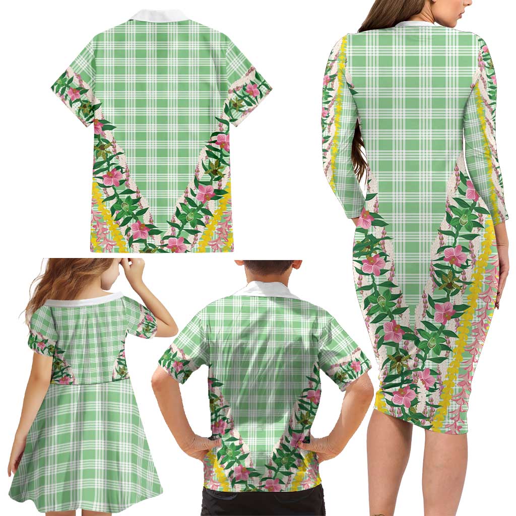 Hawaii Pikake Lokelani Plumeria Lei Family Matching Long Sleeve Bodycon Dress and Hawaiian Shirt Green Palaka Motifs LT05 - Polynesian Pride