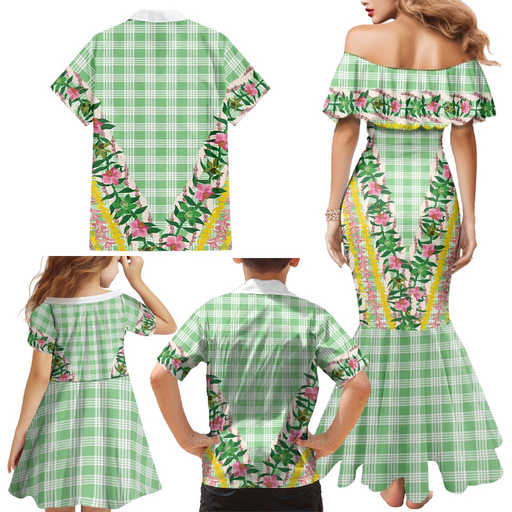 Hawaii Pikake Lokelani Plumeria Lei Family Matching Mermaid Dress and Hawaiian Shirt Green Palaka Motifs LT05 - Polynesian Pride
