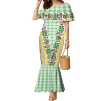 Hawaii Pikake Lokelani Plumeria Lei Family Matching Mermaid Dress and Hawaiian Shirt Green Palaka Motifs LT05 Mom's Dress Green - Polynesian Pride