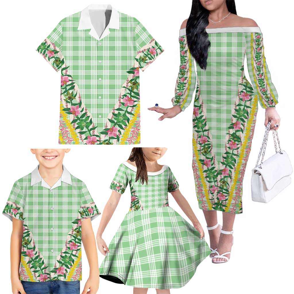 Hawaii Pikake Lokelani Plumeria Lei Family Matching Off The Shoulder Long Sleeve Dress and Hawaiian Shirt Green Palaka Motifs LT05 - Polynesian Pride