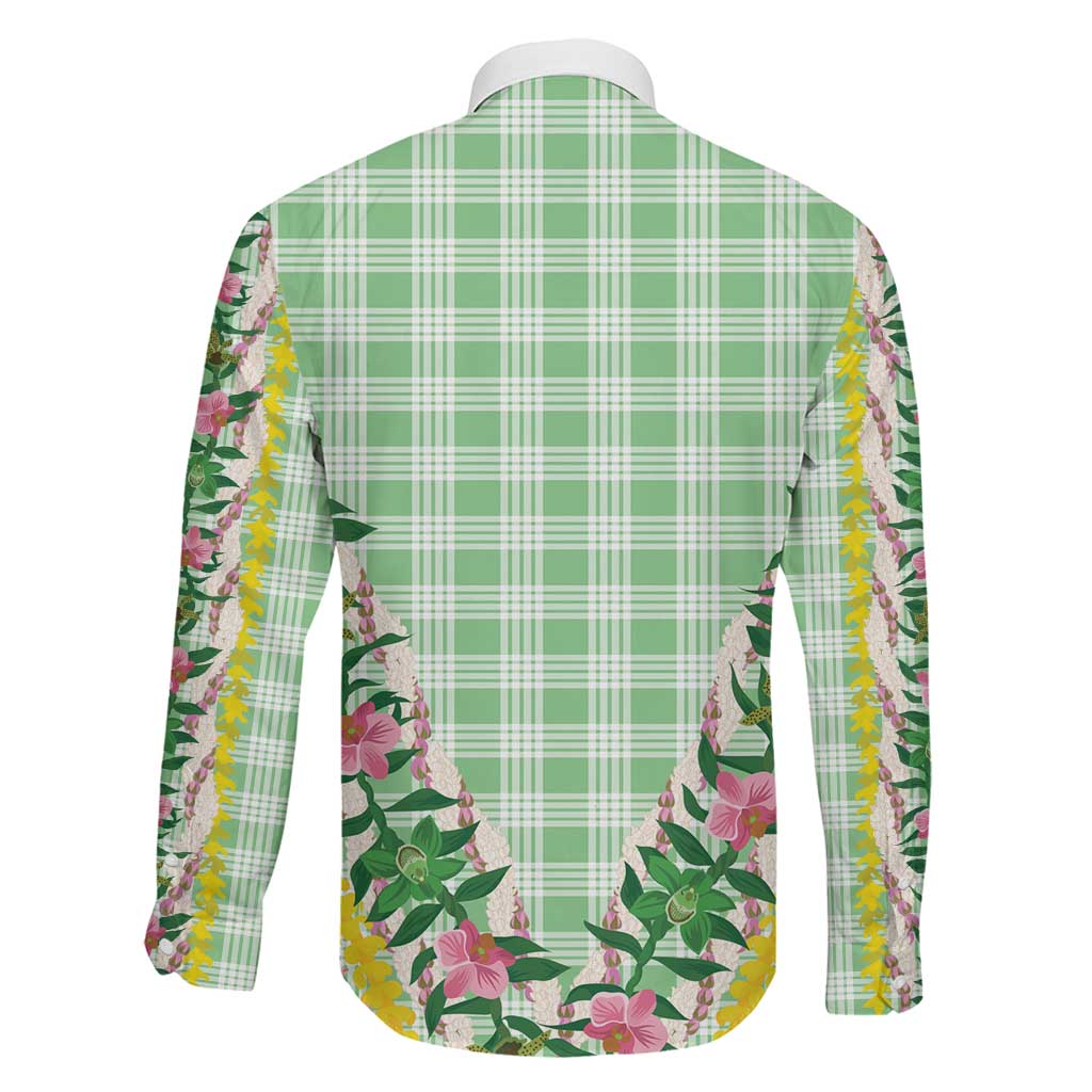 Hawaii Pikake Lokelani Plumeria Lei Family Matching Off The Shoulder Long Sleeve Dress and Hawaiian Shirt Green Palaka Motifs LT05 - Polynesian Pride