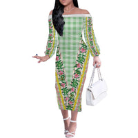 Hawaii Pikake Lokelani Plumeria Lei Family Matching Off The Shoulder Long Sleeve Dress and Hawaiian Shirt Green Palaka Motifs LT05 Mom's Dress Green - Polynesian Pride