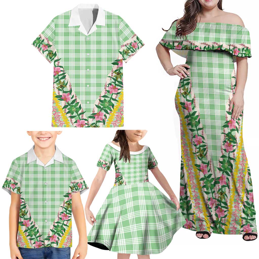 Hawaii Pikake Lokelani Plumeria Lei Family Matching Off Shoulder Maxi Dress and Hawaiian Shirt Green Palaka Motifs