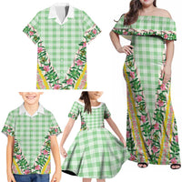 Hawaii Pikake Lokelani Plumeria Lei Family Matching Off Shoulder Maxi Dress and Hawaiian Shirt Green Palaka Motifs LT05 - Polynesian Pride