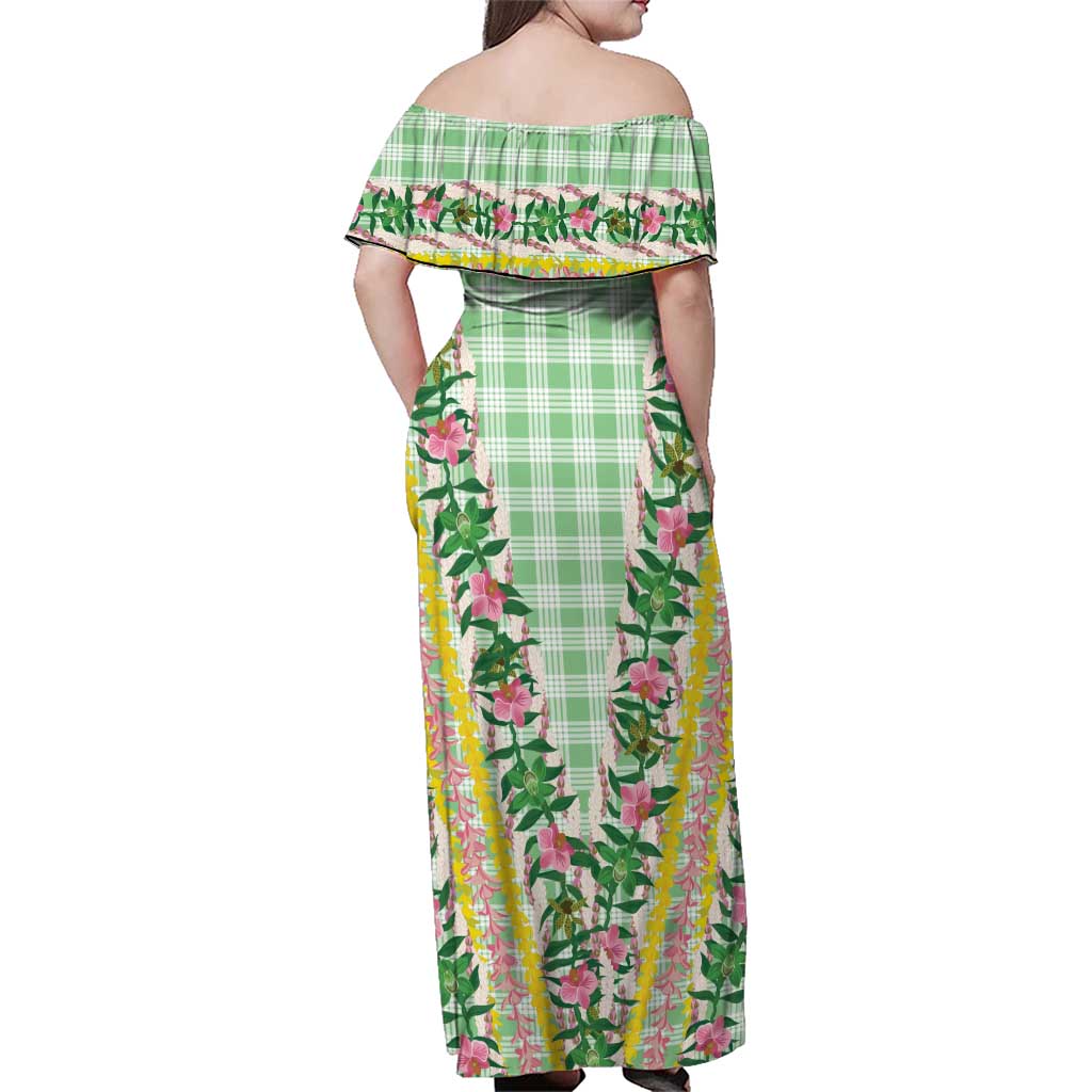 Hawaii Pikake Lokelani Plumeria Lei Family Matching Off Shoulder Maxi Dress and Hawaiian Shirt Green Palaka Motifs LT05 - Polynesian Pride