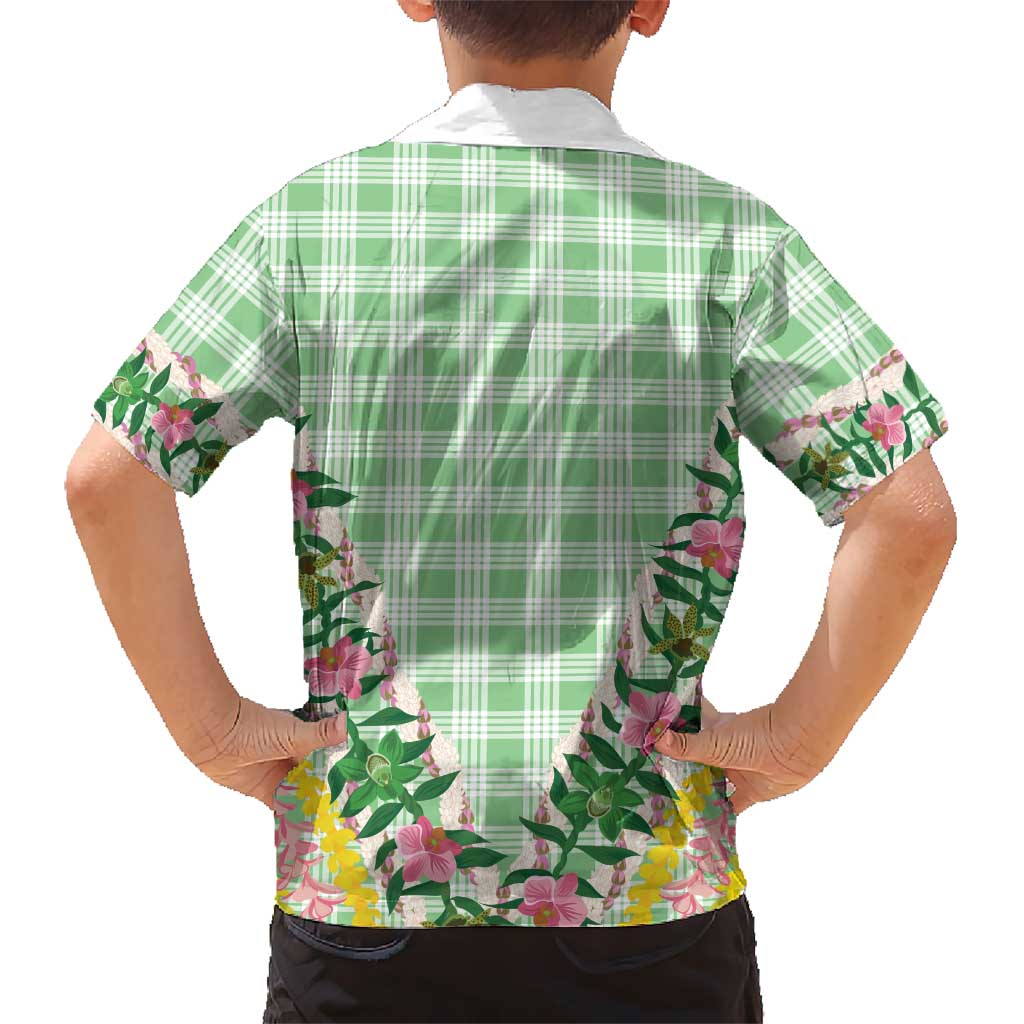 Hawaii Pikake Lokelani Plumeria Lei Family Matching Off Shoulder Short Dress and Hawaiian Shirt Green Palaka Motifs LT05 - Polynesian Pride