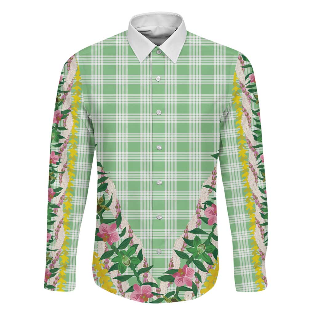Hawaii Pikake Lokelani Plumeria Lei Family Matching Puletasi and Hawaiian Shirt Green Palaka Motifs LT05 Dad's Shirt - Long Sleeve Green - Polynesian Pride