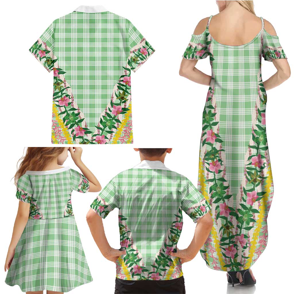 Hawaii Pikake Lokelani Plumeria Lei Family Matching Summer Maxi Dress and Hawaiian Shirt Green Palaka Motifs LT05 - Polynesian Pride