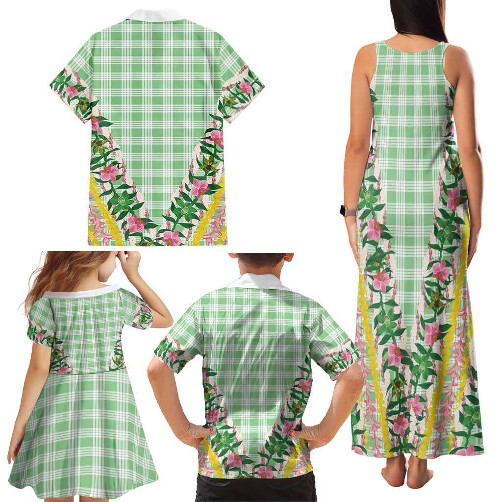Hawaii Pikake Lokelani Plumeria Lei Family Matching Tank Maxi Dress and Hawaiian Shirt Green Palaka Motifs LT05 - Polynesian Pride