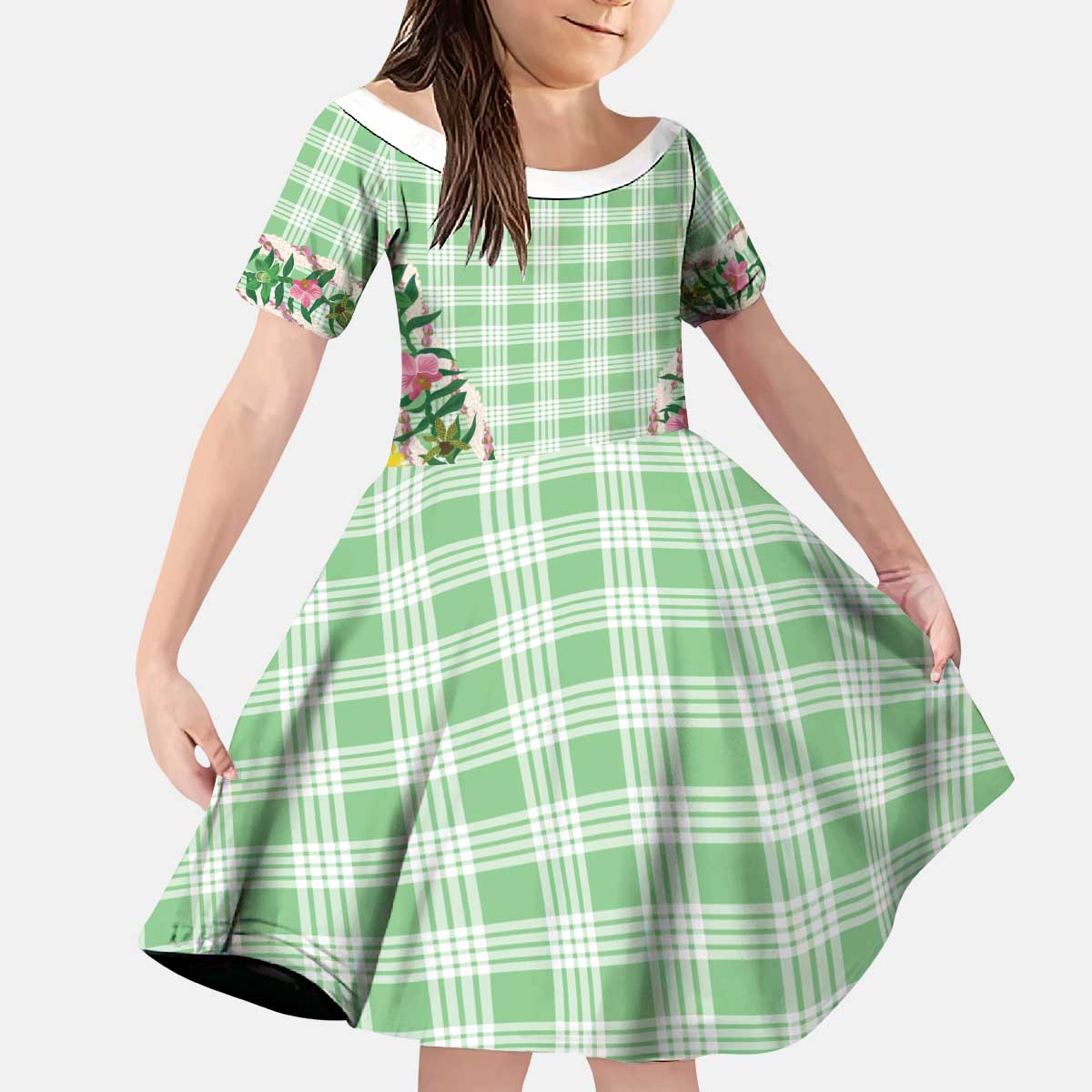 Hawaii Pikake Lokelani Plumeria Lei Kid Short Sleeve Dress Green Palaka Motifs