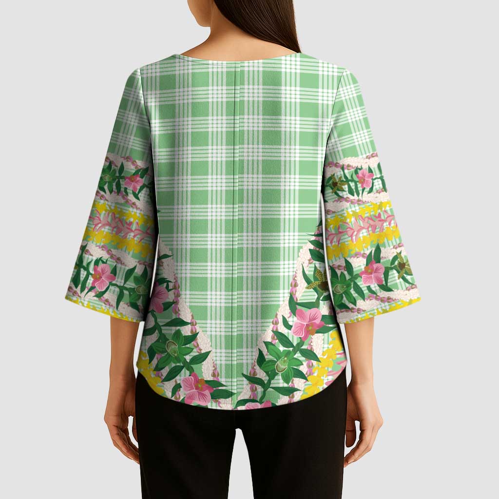 Hawaii Pikake Lokelani Plumeria Lei Kimono Sleeve Blouse Green Palaka Motifs