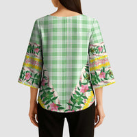 Hawaii Pikake Lokelani Plumeria Lei Kimono Sleeve Blouse Green Palaka Motifs