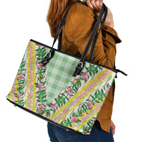 Hawaii Pikake Lokelani Plumeria Lei Leather Tote Bag Green Palaka Motifs