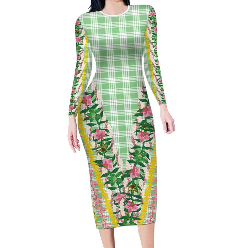 Hawaii Pikake Lokelani Plumeria Lei Long Sleeve Bodycon Dress Green Palaka Motifs