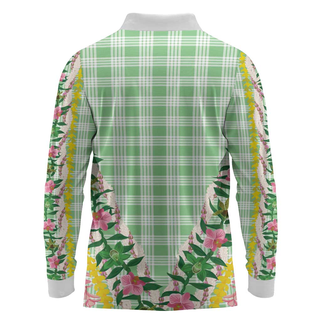 Hawaii Pikake Lokelani Plumeria Lei Long Sleeve Polo Shirt Green Palaka Motifs