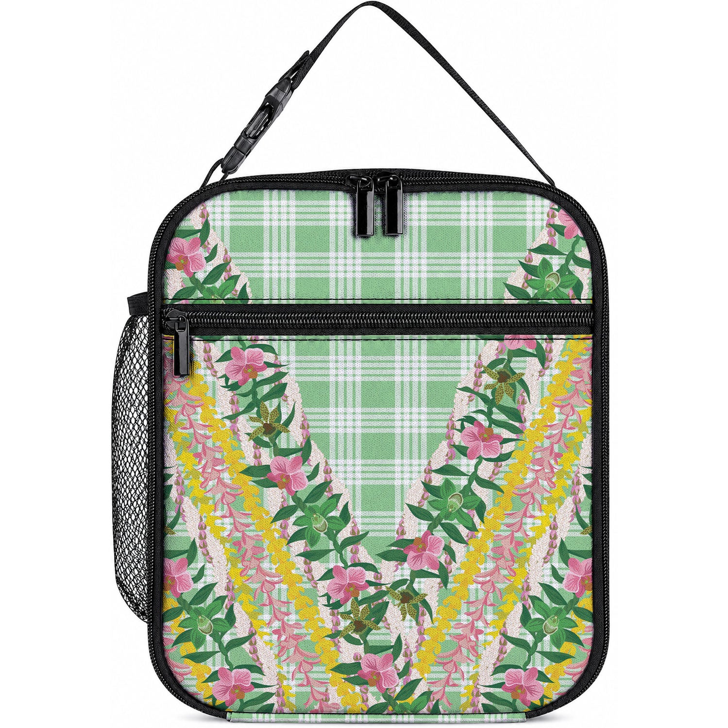 Hawaii Pikake Lokelani Plumeria Lei Lunch Bag Green Palaka Motifs LT05 10.2 × 8.3 × 4.3 inch Green - Polynesian Pride