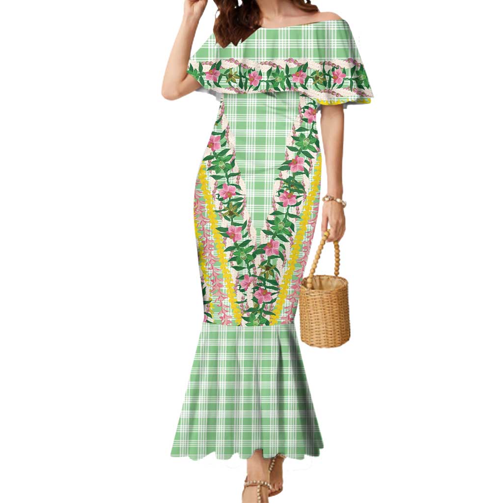 Hawaii Pikake Lokelani Plumeria Lei Mermaid Dress Green Palaka Motifs