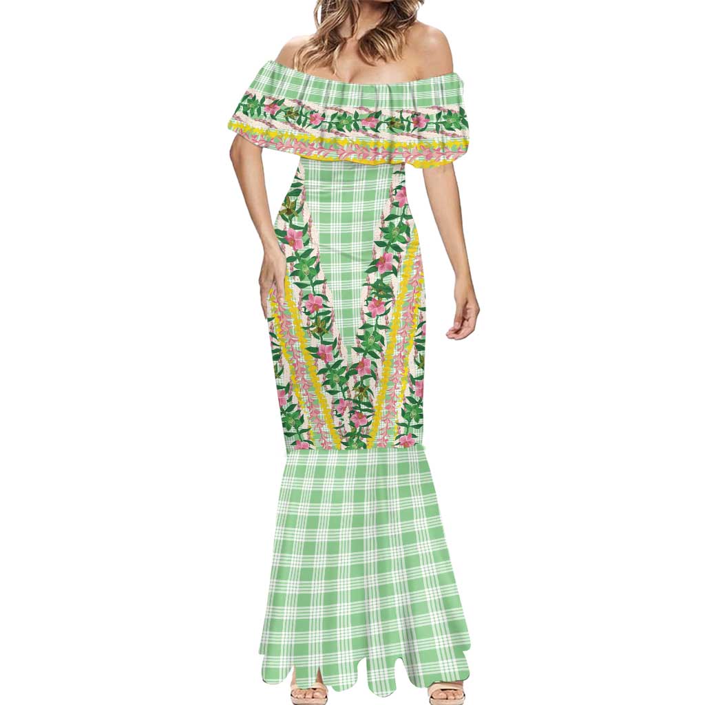 Hawaii Pikake Lokelani Plumeria Lei Mermaid Dress Green Palaka Motifs