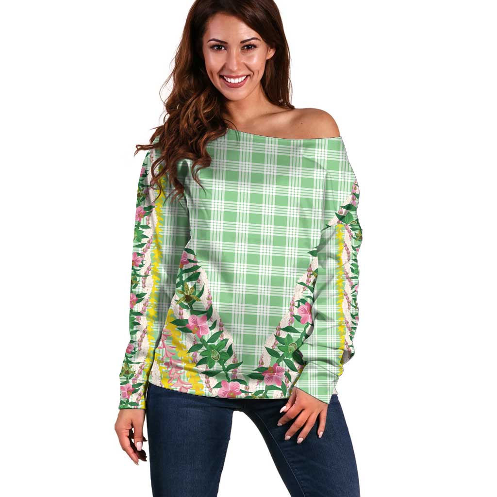 Hawaii Pikake Lokelani Plumeria Lei Off Shoulder Sweater Green Palaka Motifs