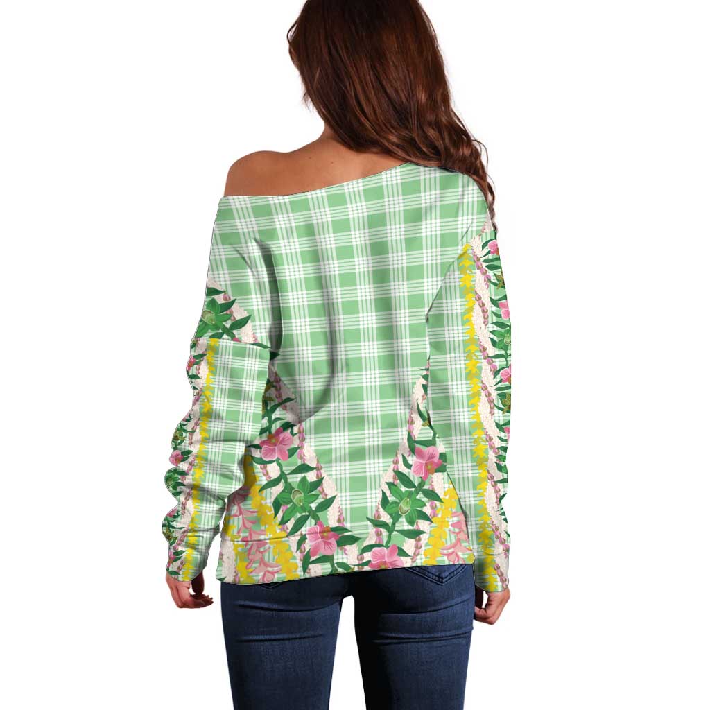 Hawaii Pikake Lokelani Plumeria Lei Off Shoulder Sweater Green Palaka Motifs