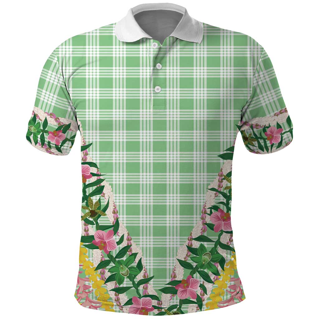 Hawaii Pikake Lokelani Plumeria Lei Polo Shirt Green Palaka Motifs