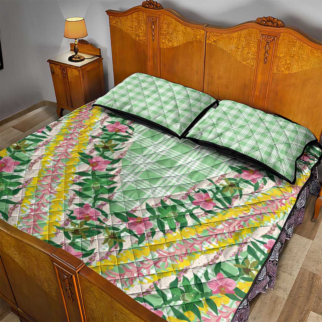 Hawaii Pikake Lokelani Plumeria Lei Quilt Bed Set Green Palaka Motifs