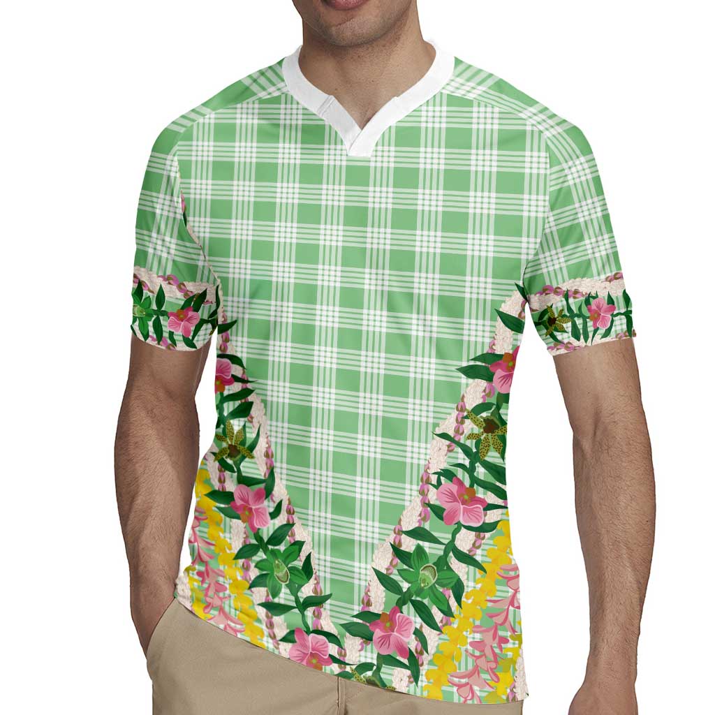 Hawaii Pikake Lokelani Plumeria Lei Rugby Jersey Green Palaka Motifs