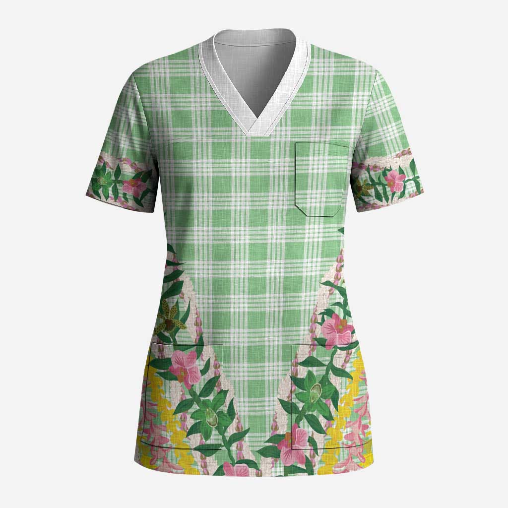 Hawaii Pikake Lokelani Plumeria Lei Scrub Top Green Palaka Motifs
