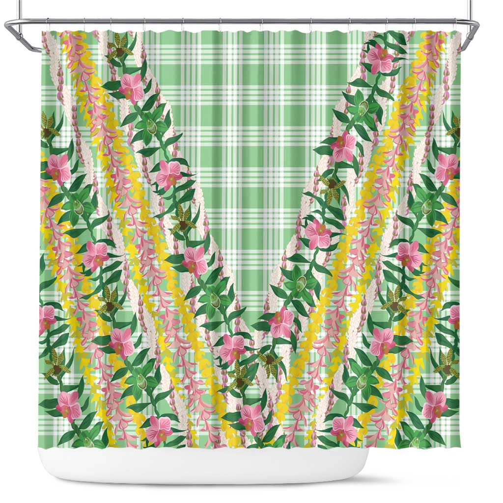 Hawaii Pikake Lokelani Plumeria Lei Shower Curtain Green Palaka Motifs