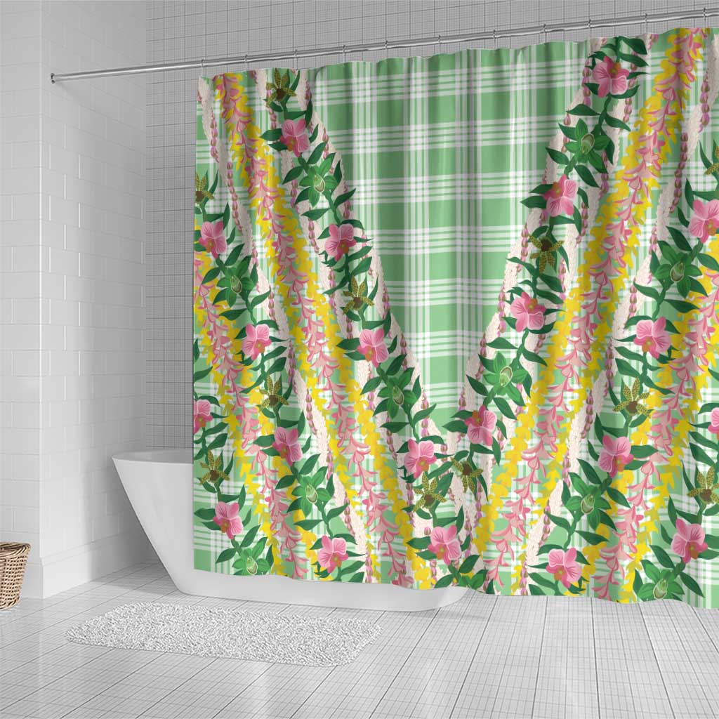 Hawaii Pikake Lokelani Plumeria Lei Shower Curtain Green Palaka Motifs