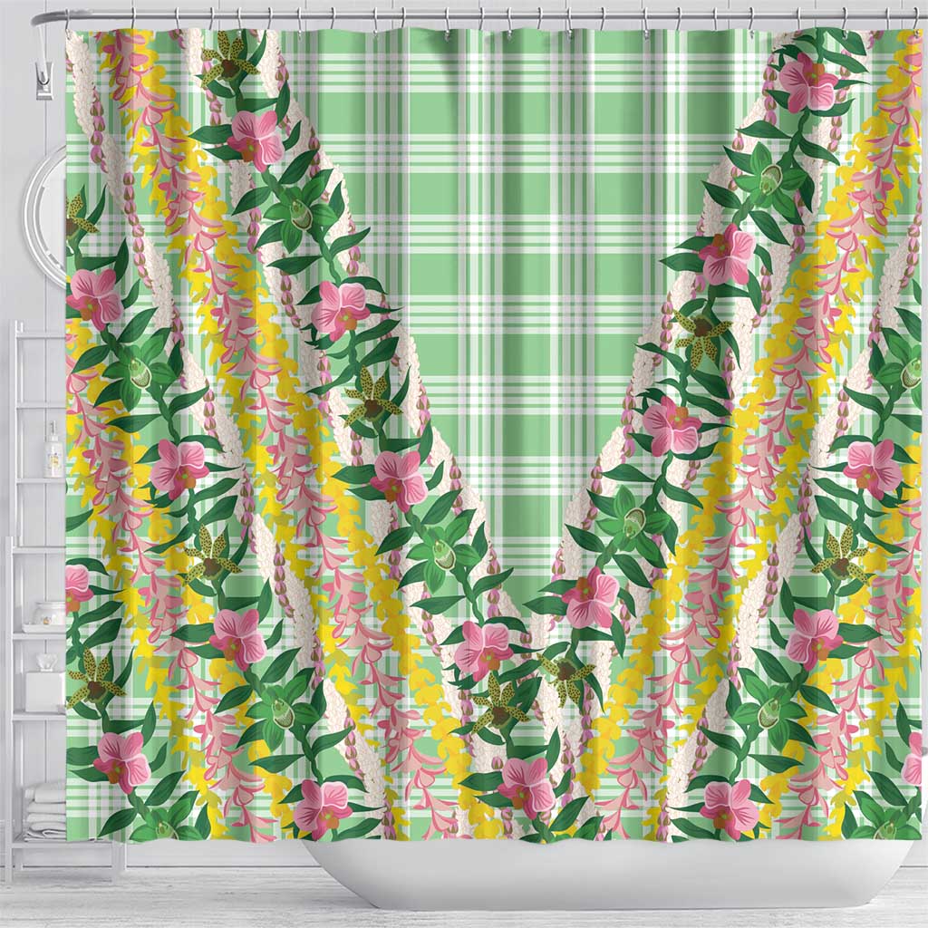 Hawaii Pikake Lokelani Plumeria Lei Shower Curtain Green Palaka Motifs