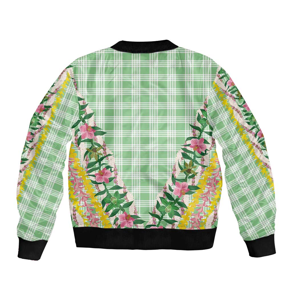 Hawaii Pikake Lokelani Plumeria Lei Sleeve Zip Bomber Jacket Green Palaka Motifs